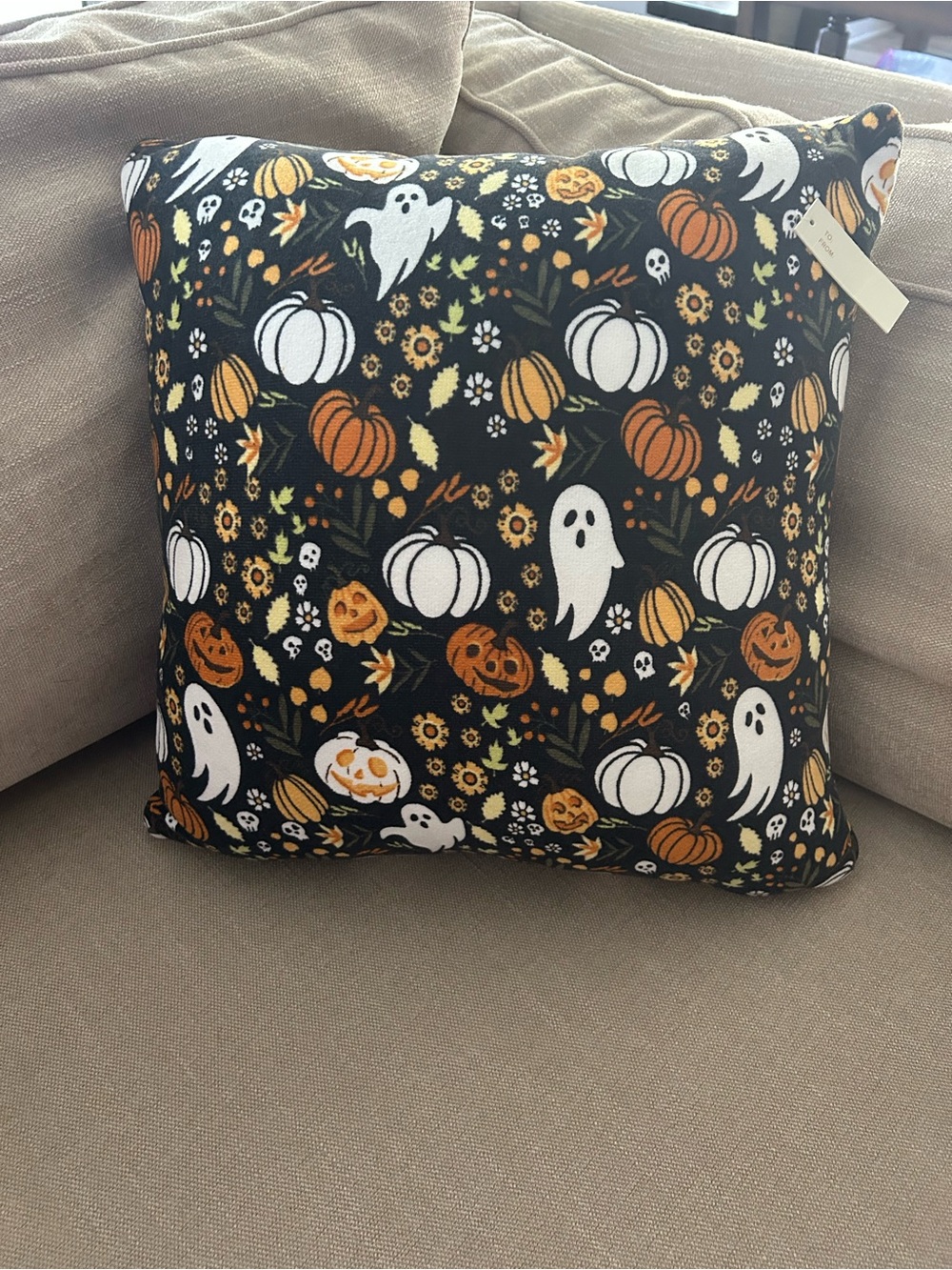 “New” Magaschoni Halloween Ghost & Pumpkin Decorative Black Throw Pillow